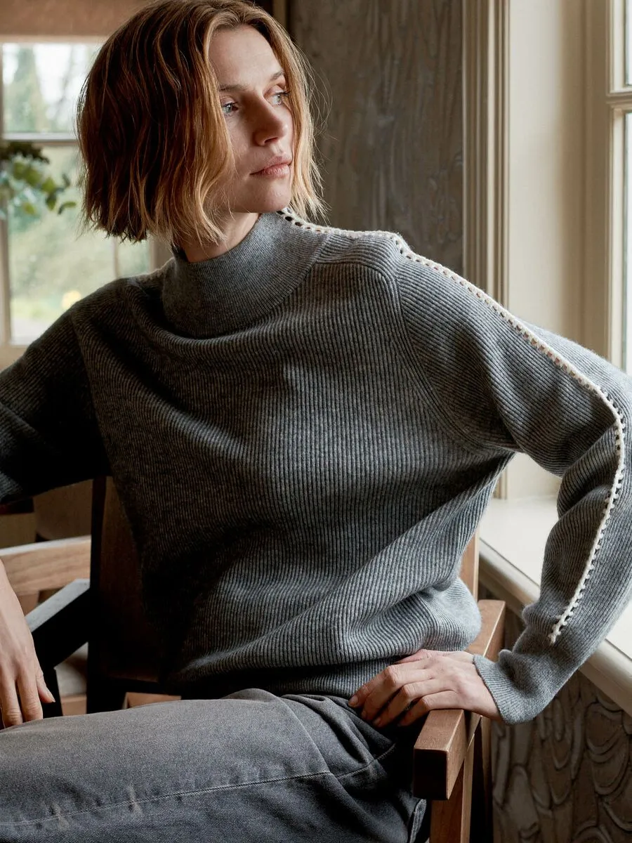 Repeat Cashmere Rib Knit Sweater with Crochet Details on Sleeves in Light Grey