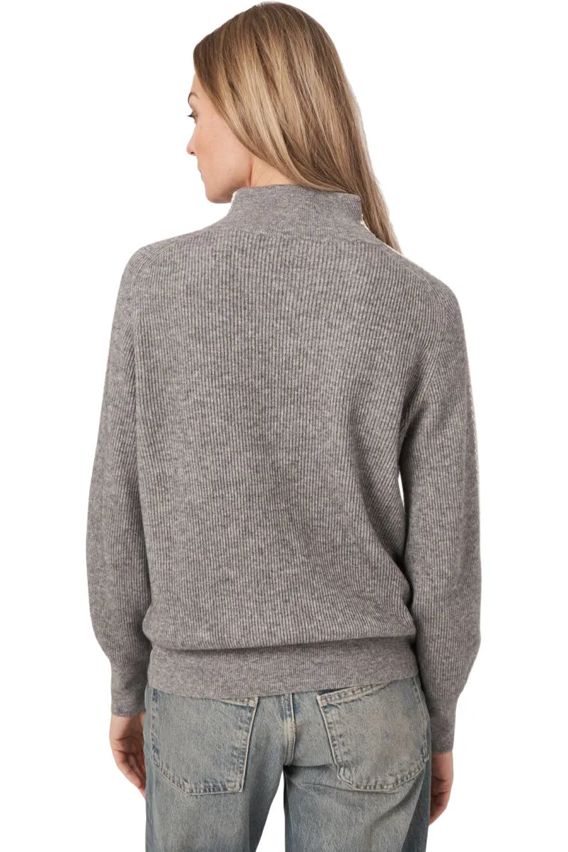 Repeat Cashmere Rib Knit Sweater with Crochet Details on Sleeves in Light Grey