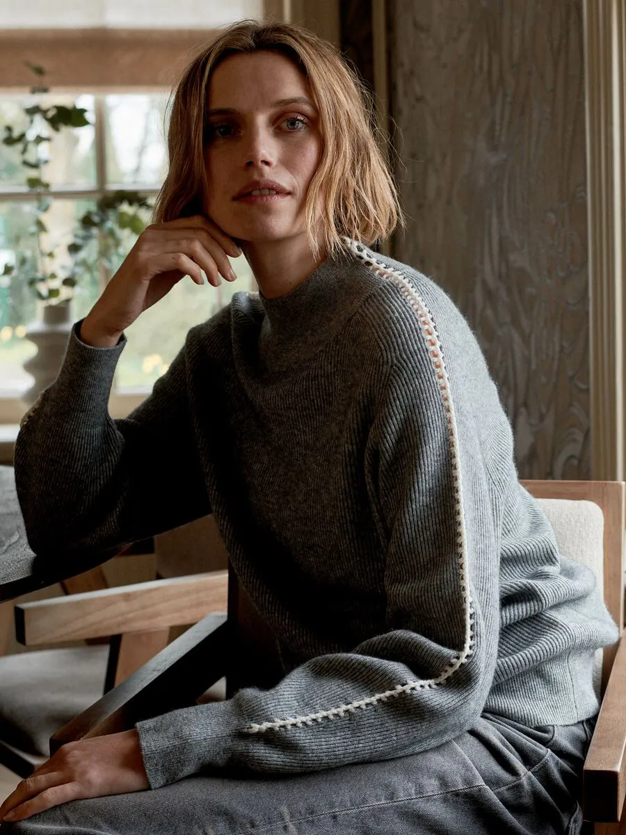Repeat Cashmere Rib Knit Sweater with Crochet Details on Sleeves in Light Grey