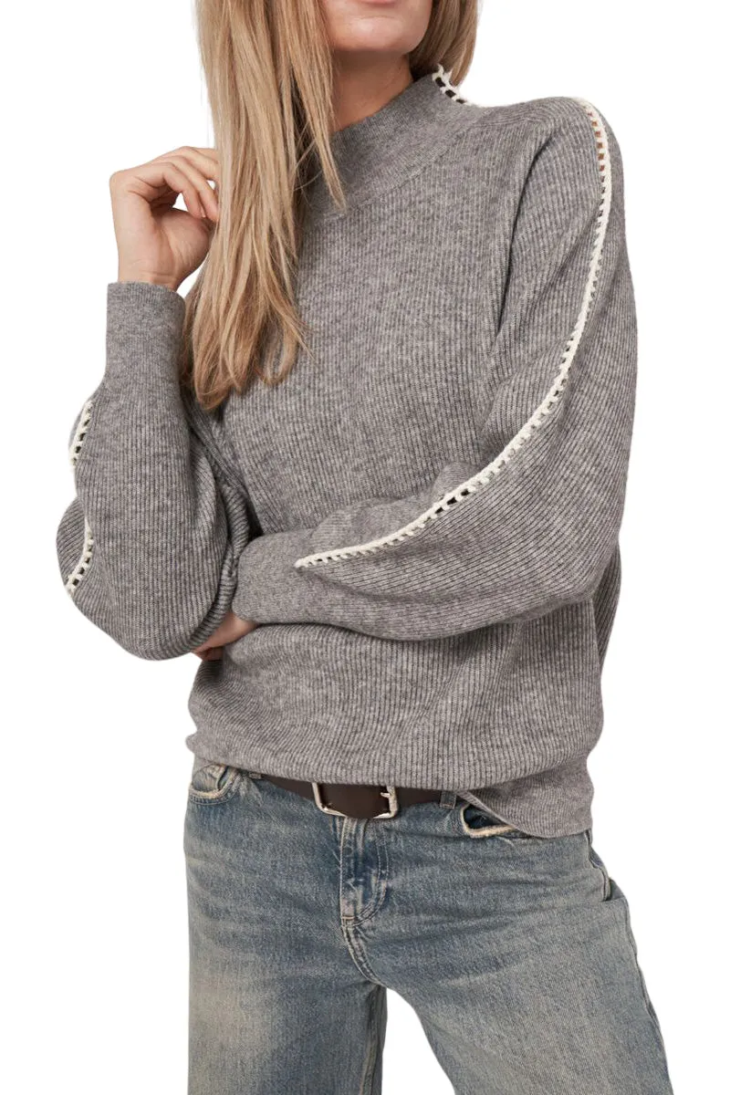 Repeat Cashmere Rib Knit Sweater with Crochet Details on Sleeves in Light Grey