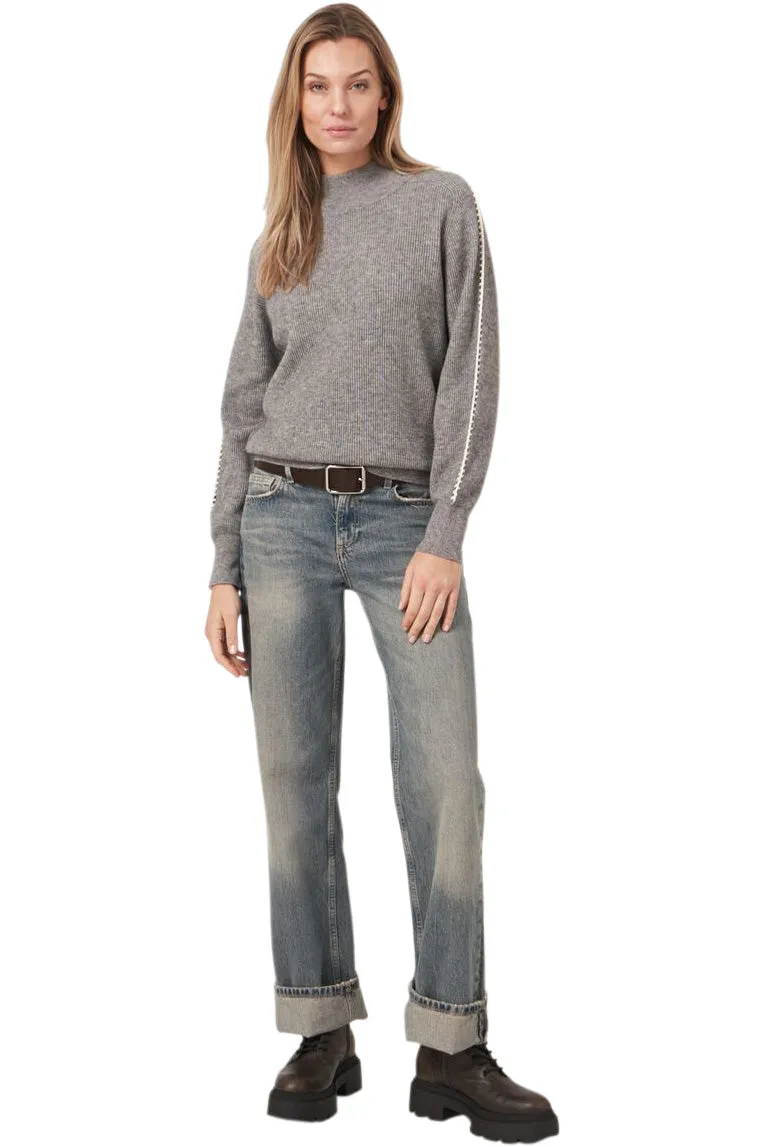 Repeat Cashmere Rib Knit Sweater with Crochet Details on Sleeves in Light Grey
