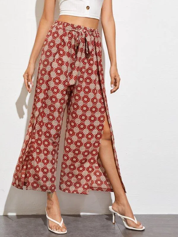 Tribal Print Split Hem Belted Pants