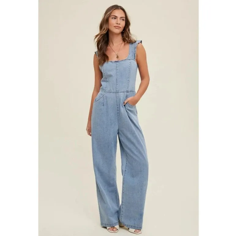 Women's Ruffle Open Back Denim Jumpsuit in Light Wash